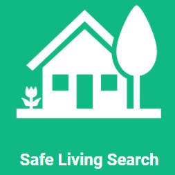 Safe Living Search Icon white tree and house outline imposed on a green background